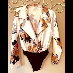 White Satin Floral Open Front Blouse Onesie Bodysuit